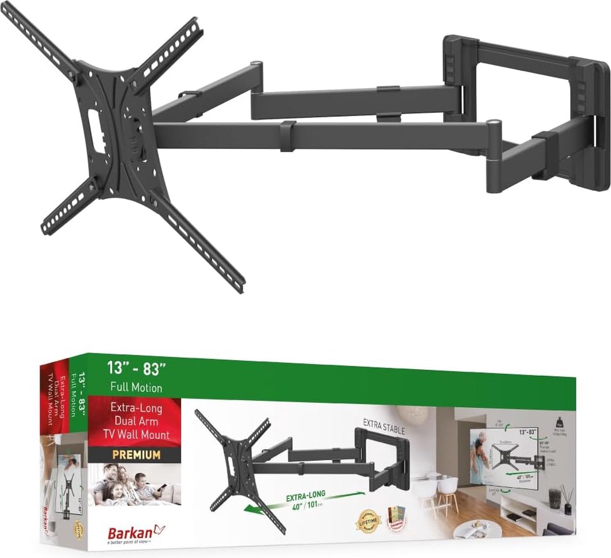 Barkan - Flexibele TV-Muurbeugel - 13-83 inch - Draaibaar en Kantelbaar - Tot 50 kg