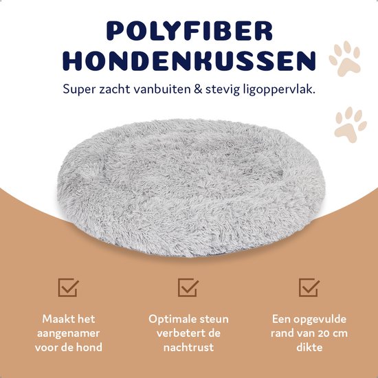 Grijze, pluizige hondenmand van polyfiber met tekst over zachtheid en stevigheid.