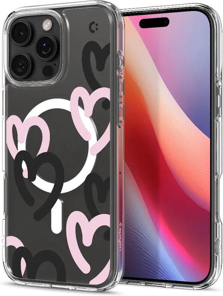 Spigen Ultra Hybrid MagFit - Hoesje Geschikt voor Apple iPhone 16 Pro Max - Compatibel met MagSafe - Back Cover Hearts Zwart Roze