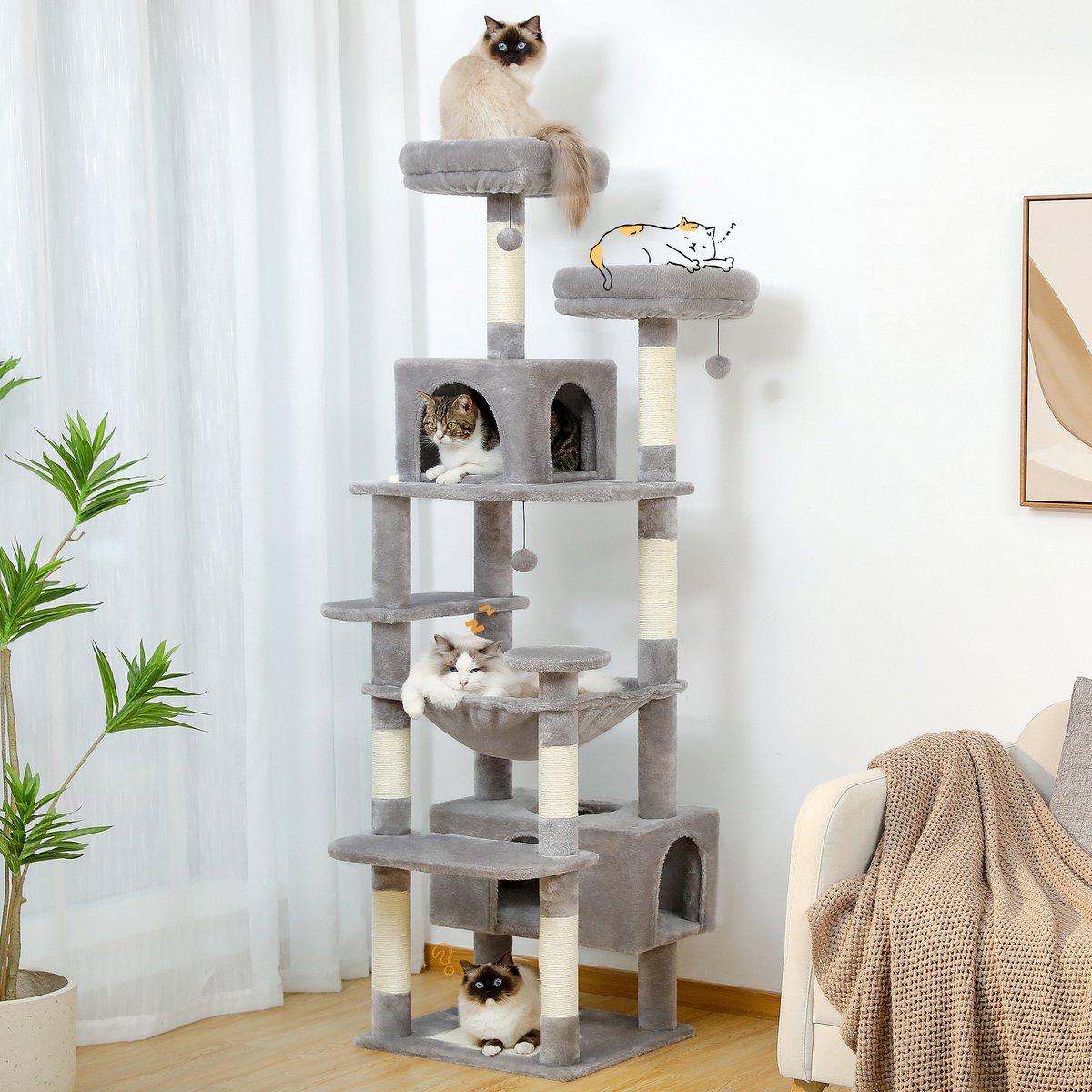 LiMa® – Kattenboom – Kleur Grijs – Hoogte 184 cm – Krabpalen – Hangmat Gewatteerde Zitstokken