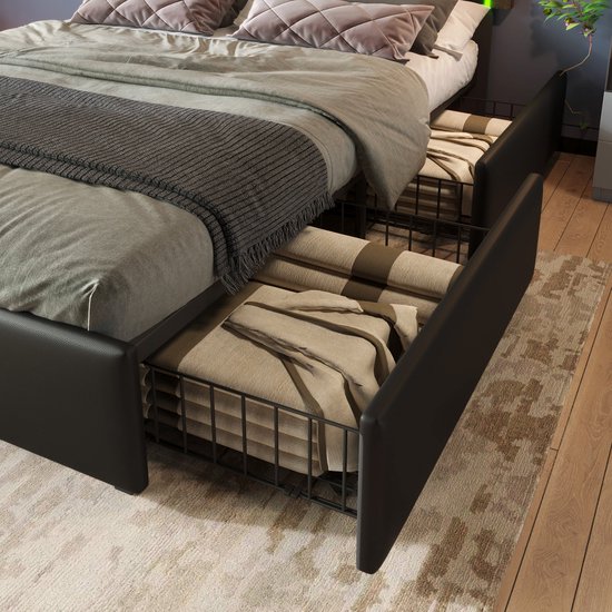 Merax Lit Double Queensize 160x200 cm avec Matras en Mousse Froide - Lit rembourré en Simili Cuir avec 4 tiroirs et LED- Siècle des Lumières - Zwart