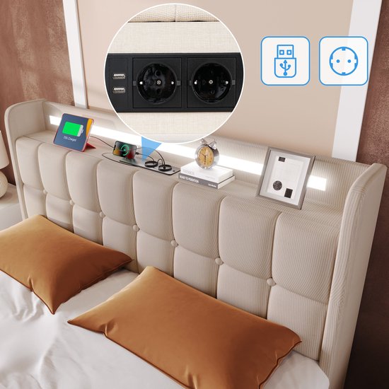 Merax Lit Double Queensize 160x200cm Comprenant Matras en Mousse Froide et 4 Tiroirs - Lit Rembourré avec Fonction de Chargement USB et LED- Siècle des Lumières - Beige