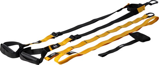 Een gele en zwarte suspension trainer van het merk DAG ÉÉN, met handgrepen, lussen en karabijnhaken.