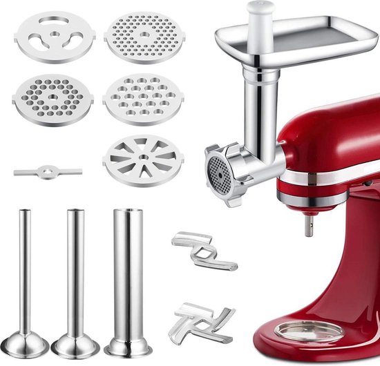 Accessoire hachoir à viande pour robots culinaires KitchenAid/PHISINIC - 3 poussoirs à saucisses, 2 lames de broyage, 5 disques de broyage