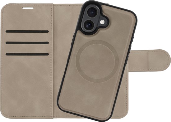 Cazy Bookcase 2 en 1 amovible adaptée à iPhone 16 - adaptée à Magsafe - Étui avec porte-cartes - Taupe