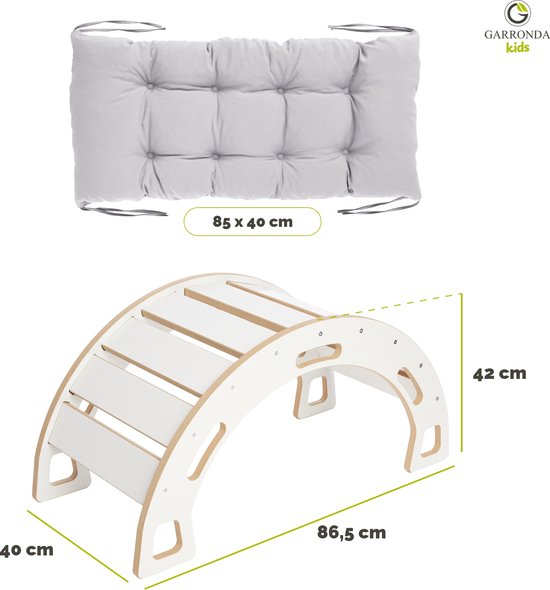 Garronda Houten Klimbrug Klimboog Inclusief Kussen - Montessori Klimrek - Naturel Hout - Kinderspeelgoed - Kussen - Wit - GD-OBU