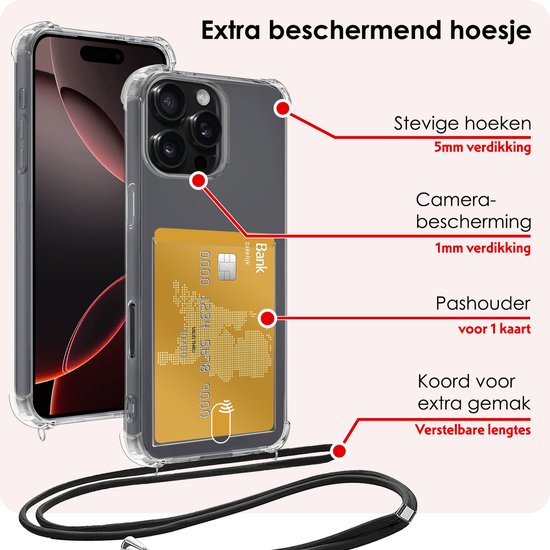 Coque adaptée pour iPhone 16 Pro Max avec porte-cartes et cordon résistant aux chocs, étui en Siliconen avec cordon de téléphone et porte-cartes - Transparent