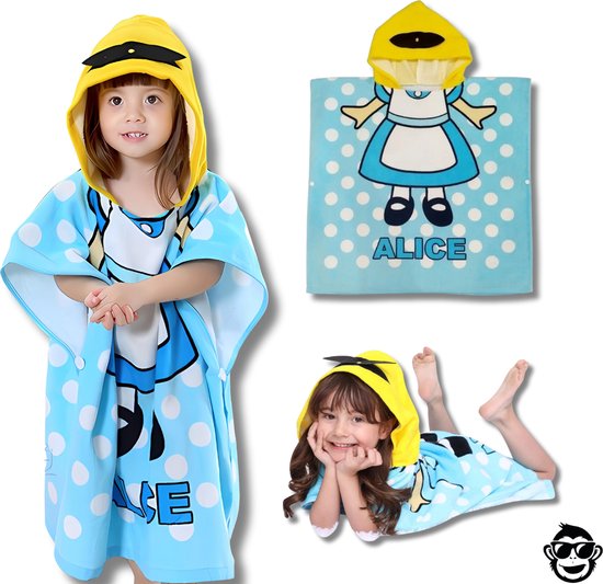 BoefieBoef Kinder Badponcho - Baby Badcape - Microfiber Kleuter Badjas Met Capuchon - Kerst Cadeau - Peuter Strandponcho Voor Kinderen tot 6 jaar - 60x90cm - Alice Wonderland Blauw - meisje - Oranje - Zomer - Strandlaken - Surfponcho -Dreumes van BoefieBoef — afbeelding 2