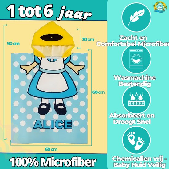 BoefieBoef Kinder Badponcho - Baby Badcape - Microfiber Kleuter Badjas Met Capuchon - Kerst Cadeau - Peuter Strandponcho Voor Kinderen tot 6 jaar - 60x90cm - Alice Wonderland Blauw - meisje - Oranje - Zomer - Strandlaken - Surfponcho -Dreumes van BoefieBoef — afbeelding 4
