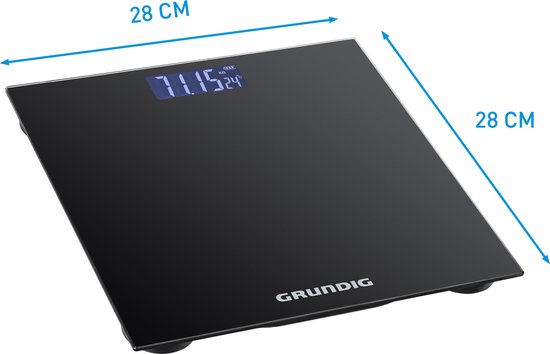 Zwarte Grundig digitale weegschaal van 28x28 cm, met gewicht en temperatuur op het display.