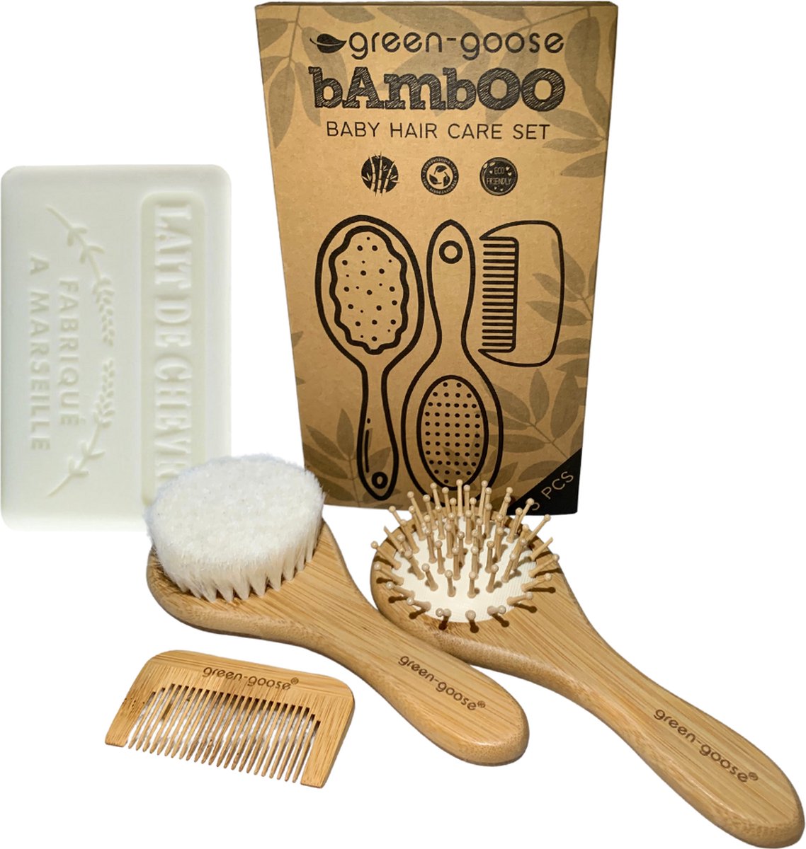 Goedkoopste green-goose® Baby Bamboe Pakket | Baby Haarverzorging en Baby Geitenmelk Zeep | Duurzaam | Baby Borstels | Baby Kam