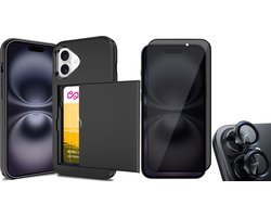 Hoesje met Pasjeshouder geschikt voor iPhone 16 Plus - Privacy Screenprotector FullGuard & Camera Lens Screen Protector Zwart - Back Cover SlideCase Zwart