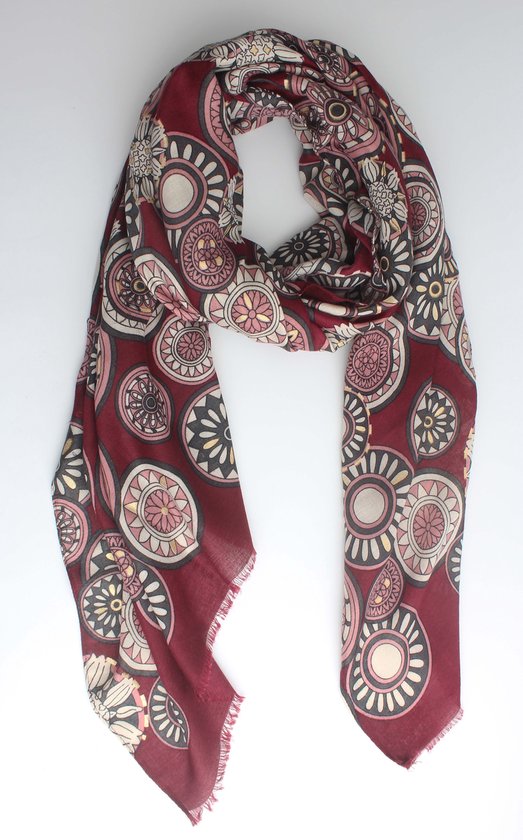 Salvia scarf- Accessories Junkie Amsterdam- Sjaal dames-Lange- Katoen- Shawl- Mandala- Cadeau- Gestipt print- Goud accent- Roze rood zwart