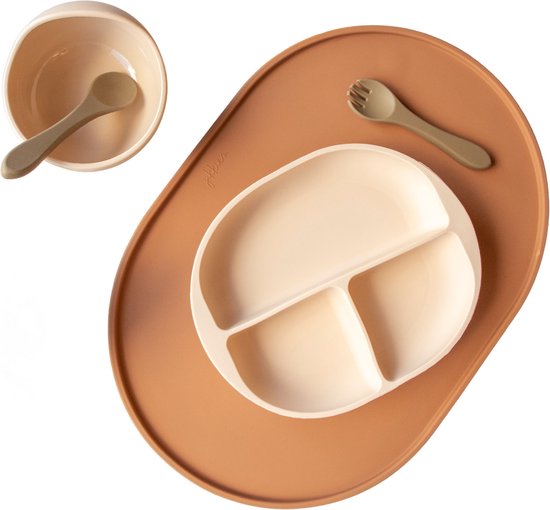 Jikkies® - Siliconen Placemat - Siliconen - Taupe - Antislip - Ondergrond voor je Kleintje - Extra Groot - Opstaande Rand - Veilig - Voldoet aan EN-normen - Magnetron & Vaatwasser bestendig - Combinatie van een Placemat & een Bord van Jikkies — afbeelding 3