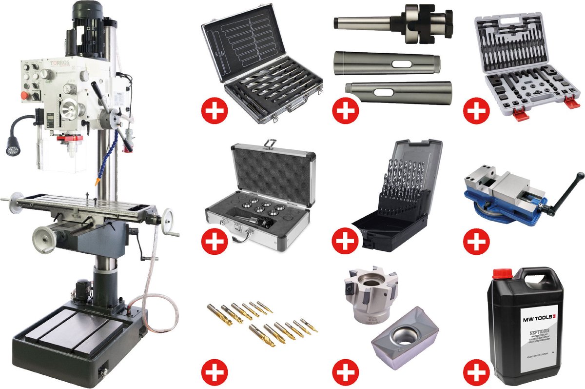 Kolom boorfreesmachine boren tot ø 32 mm MK4/M16 1,5 kW 400V met essentiële toebehoren Torros PF40CP PACK PRO