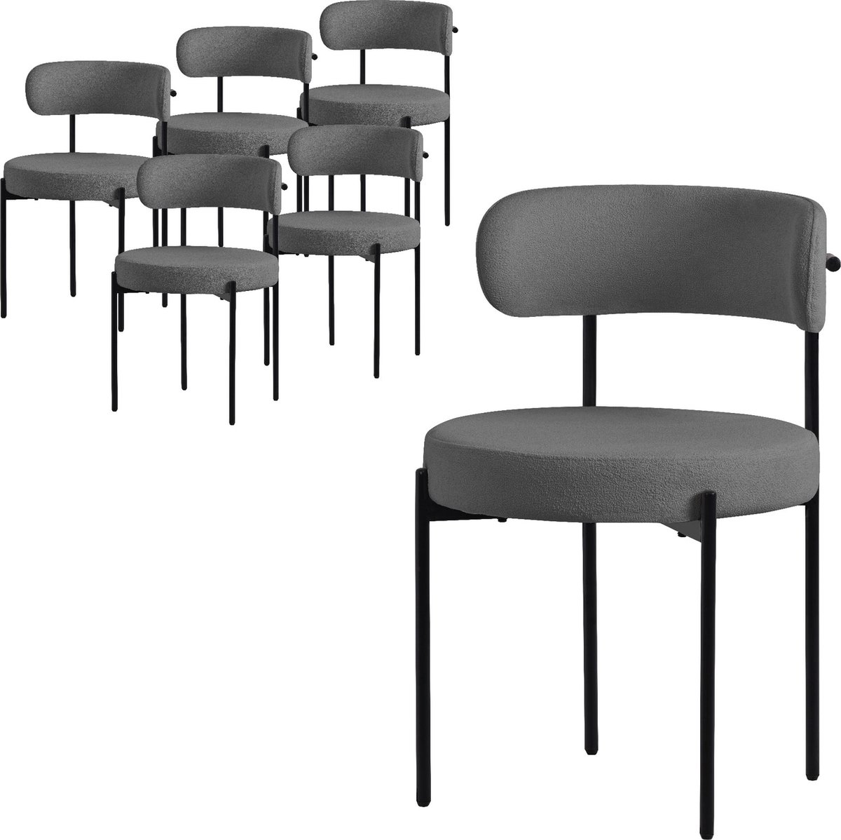 ml-design eetkamerstoelen set van 6, keukenstoel in teddy stof grijs, woonkamerstoel met rugleuning, gestoffeerde stoelen met zwarte metalen poten, ergonomische loungestoelen, stoelen voor eetkamer