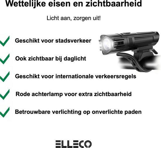 Elleco fietsverlichting set - fietslampjes oplaadbaar waterdicht - zwart — afbeelding 4