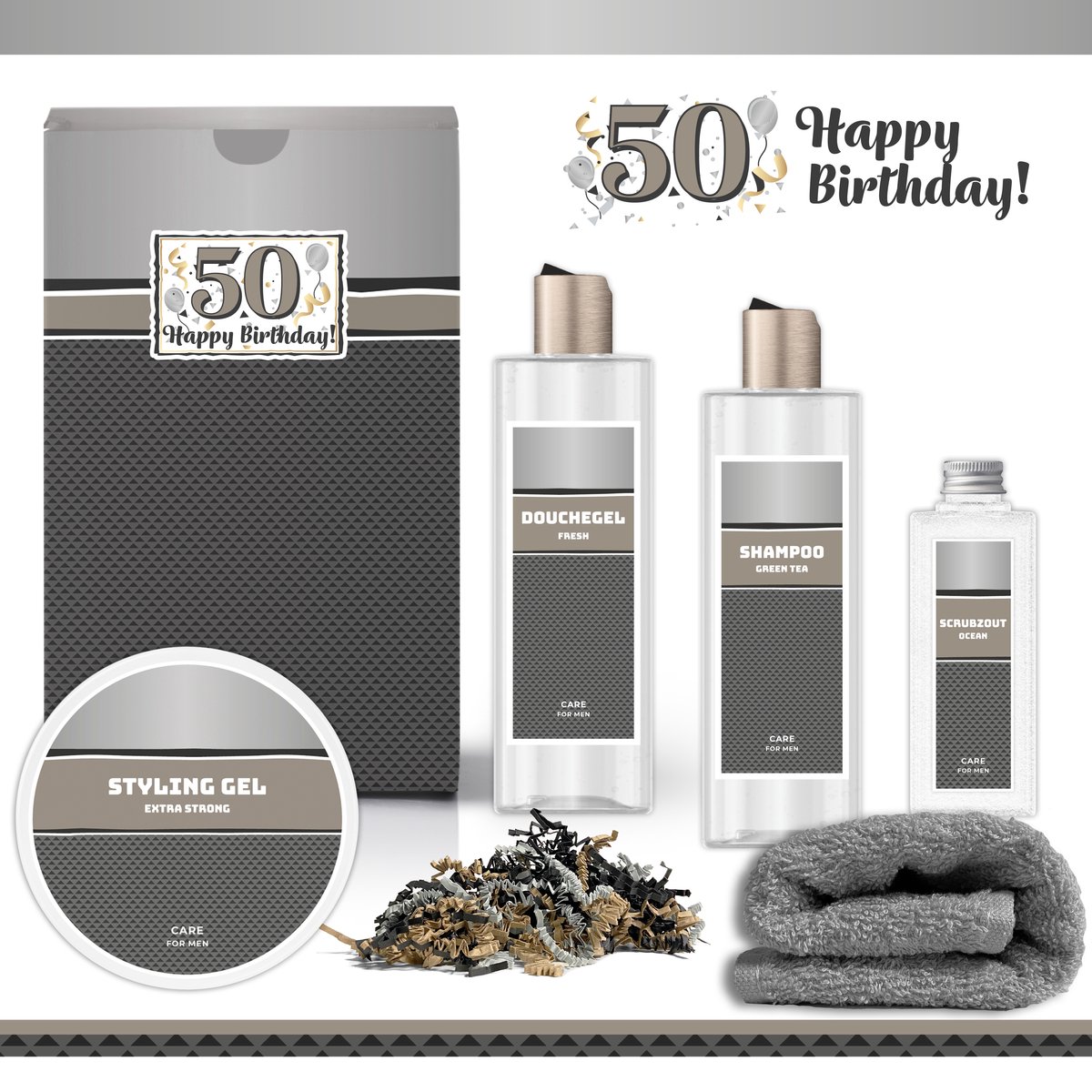 Goedkoopste Geschenkset “50 Jaar Happy Birthday!” - 5 producten - 900 gram | Giftset voor hem - Luxe wellness cadeaubox - Cadeau man - Gefeliciteerd - Set Verjaardag - Geschenk jarige - Cadeaupakket vader - Vriend - Broer - Verjaardagscadeau - Zilver