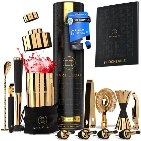 BarDeluxe® Cocktail Set - 12-Delig - Cocktailset - Cocktail Shaker Set - Cocktail Shaker - Cocktailshakerset - Cocktailshaker Set - Recepten Boek - Cadeau voor Man - Cadeau voor Vrouw - Luxe Cadeauverpakking & Bewaarhoes - Cocktail Set Goud