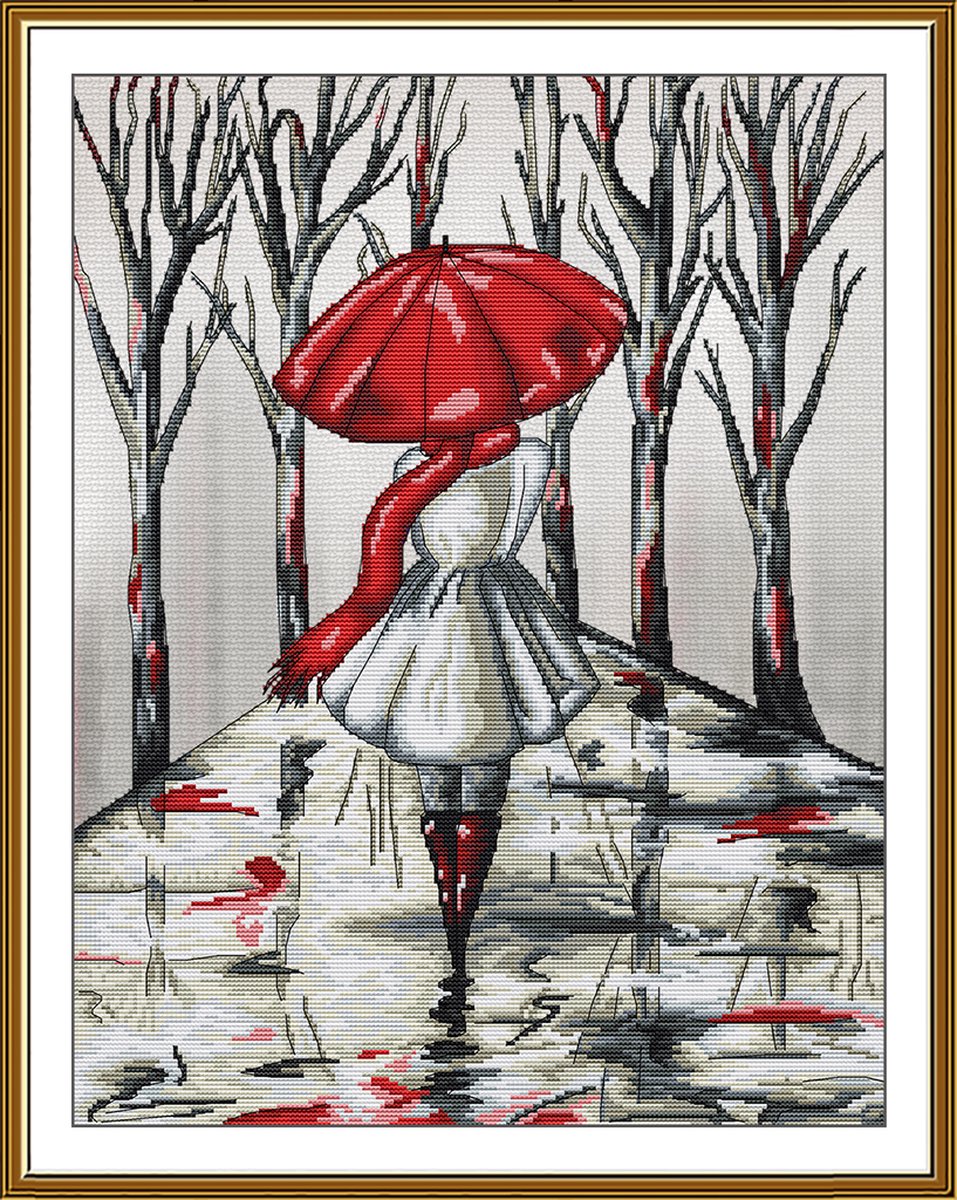 Borduurpakket Nova Sloboda - The Red Umbrella - De Rode Paraplu (met bewerkte achtergrond)