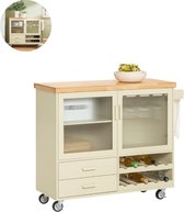 Bol.com Keukeneiland - Verplaatsbaar - Keukenkast - Dressoir - Organizer - Kasten - Houten Werkblad - Beige aanbieding