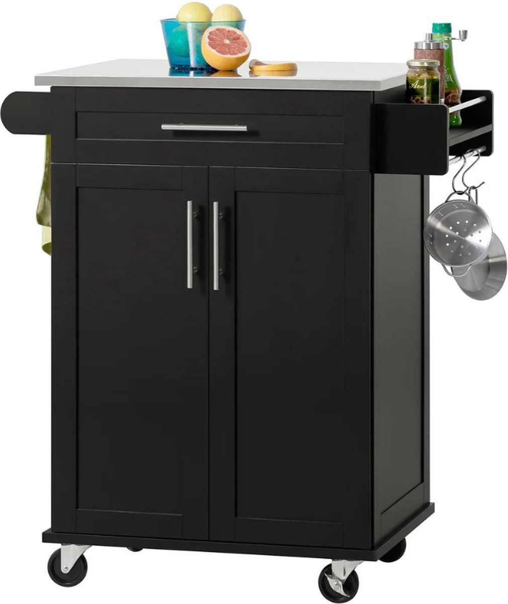 Keukeneiland - Verplaatsbaar - Keukenkast - Dressoir - Organizer - Kasten - Houten Werkblad - Lade - Zwart