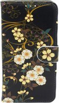 P.C.K. Étui de téléphone-étui de livre-place pour cartes- Zwart avec imprimé floral jaune-convient pour Apple iPhone 15-comprend un film de verre