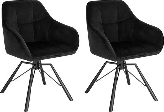 KTN® - Lot de 2 Chaises de salle à manger - Assise pivotante à 360 degrés - Dossier - Accoudoir - Fauteuil - Chaises de salon - Sièges baquets - Velours - Tissu velours - Assise rembourrée - Pieds en métal - Zwart