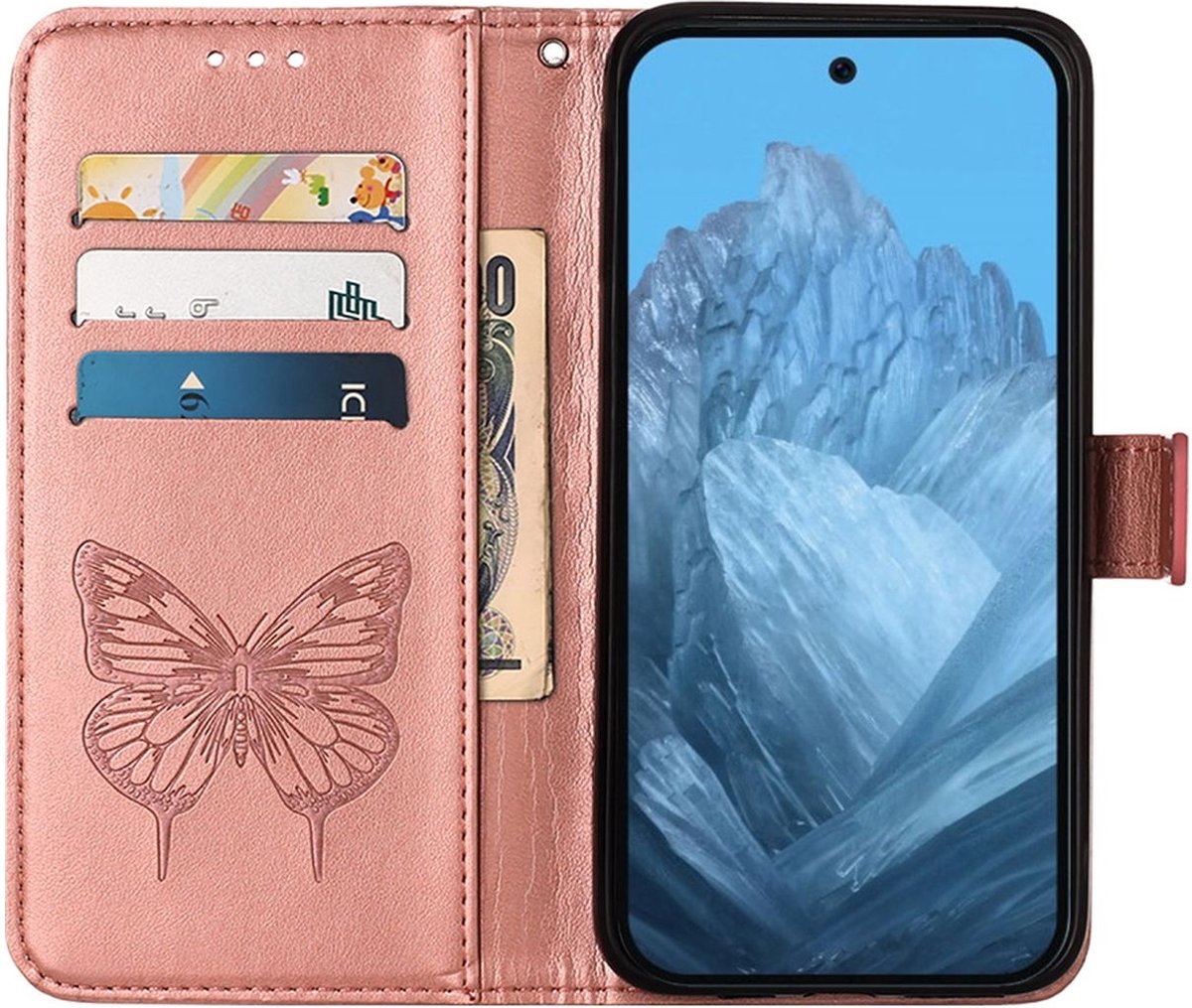 Mobigear Telefoonhoesje geschikt voor Google Pixel 9 Hoesje | Mobigear Butterfly Bookcase Portemonnee | Pasjeshouder voor 3 Pasjes | Telefoonhoesje voor Pinpas / OV Kaart / Rijbewijs - Roségoud