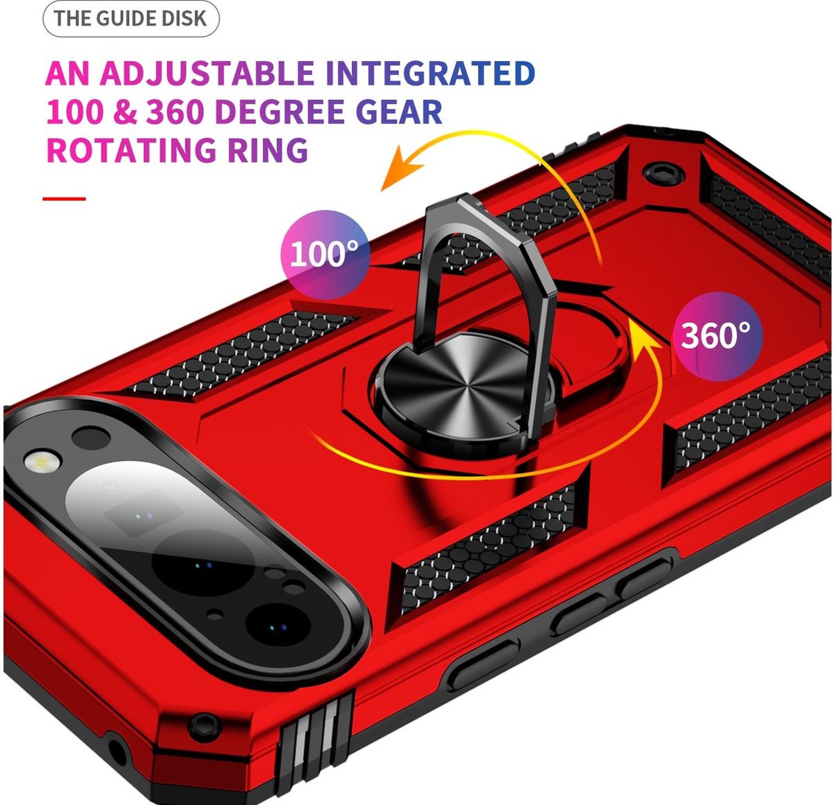 Mobigear Hoesje geschikt voor Google Pixel 9 Telefoonhoesje Hardcase | Mobigear Armor Ring Backcover Shockproof met Ringhouder | Schokbestendig Pixel 9 Telefoonhoesje | Anti Shock Proof - Rood