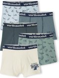Set van 5 jongensboxershorts met haaienthema in lichtblauw, groen en crème.