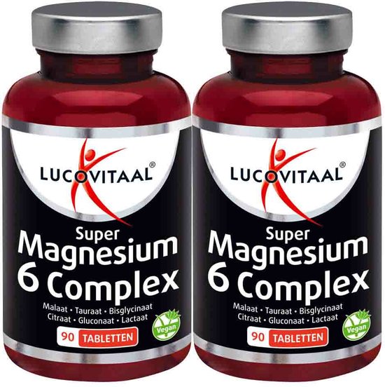 Twee potjes "Super Magnesium 6 Complex" met etiket "Vegan".