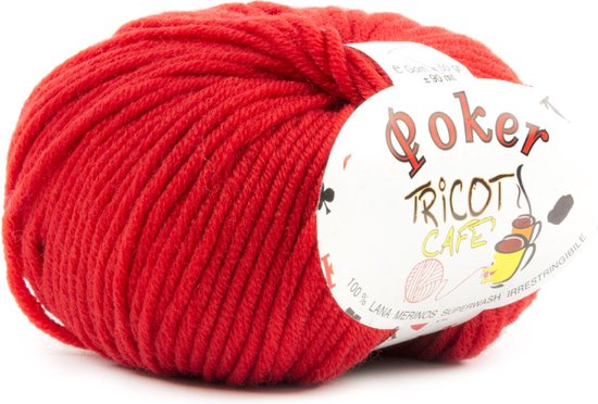 Tricot Café - Poker - pure merino wol garen ideaal voor naaldwerk - haakwol zeer zacht hoge kwaliteit niet krimpend bolletje voor naald/ haaknaald:4.50/5.50 50gr rood 15