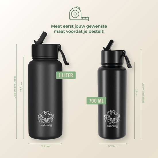 Bouteille isotherme Itstrong® avec paille - Gourde 700 ml - Gourde avec bouchon Extra - Bouteille isotherme - Acier inoxydable à double paroi - Anti-fuite - Zwart