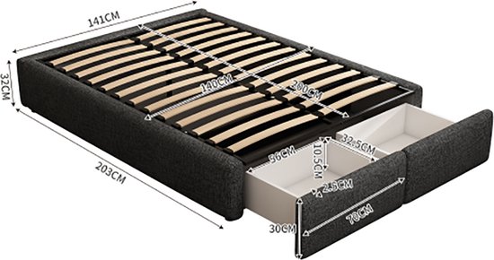 KOMHTOM Lit double Lit pour adulte 140x200 cm avec rangements hydrauliques et 2 tiroirs gris