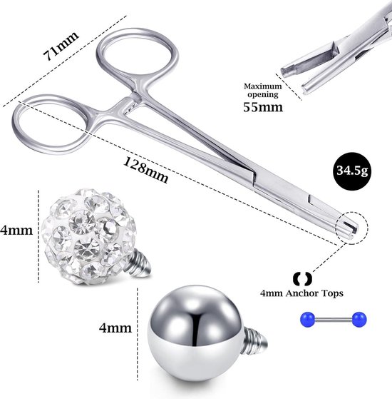 Set Piercing 7 Pièces En Acier Inoxydable - Pince, Dévissage Boules, Tiges Filetées - Pour Oreille, Nez - 2