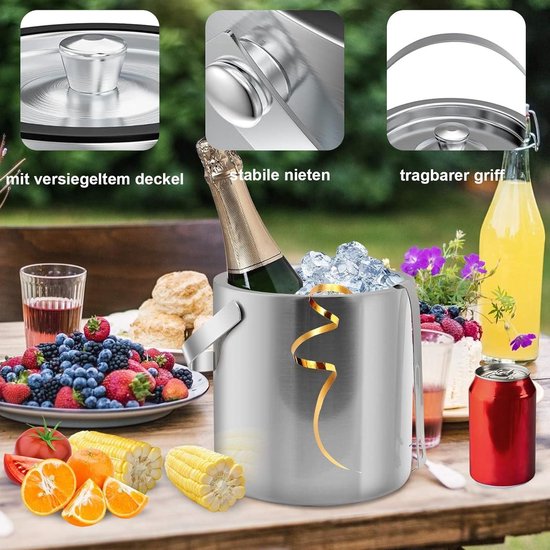 3L geïsoleerde roestvrijstalen ijsemmer met deksel, schep, tang en zeef - houdt ijs bevroren voor cocktails en feesten
