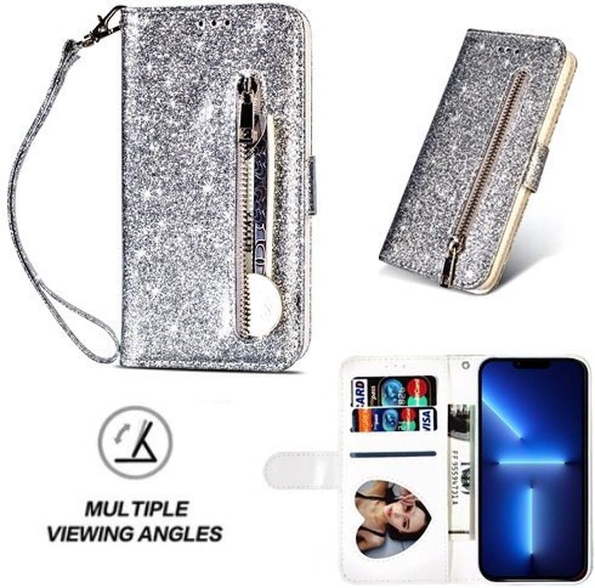 iPhone 13 Pro Max Glitter Hoesje Met Pasjeshouder Bookcase Zilver