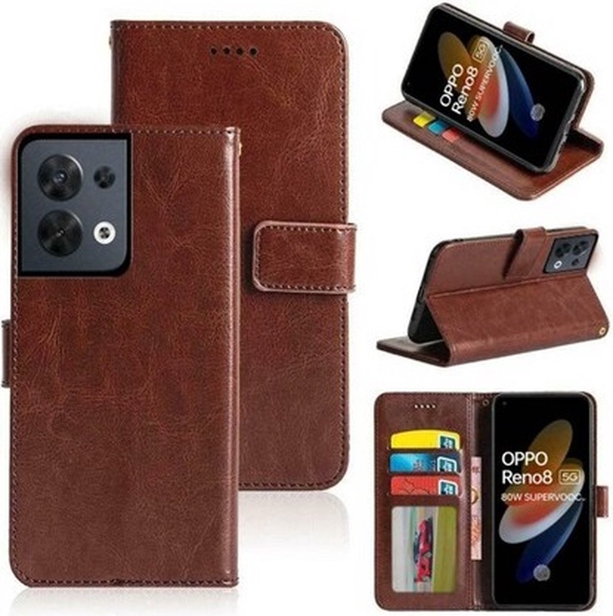 Oppo Reno 8 Hoesje Met Pasjeshouder Bookcase Bruin
