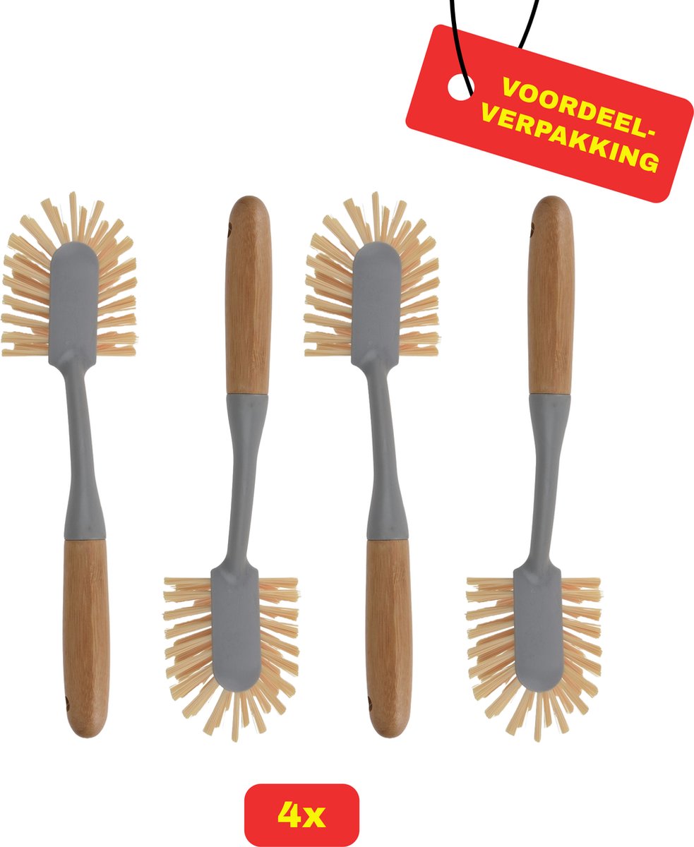 4 x Ultra Clean Afwasborstel Bamboe Grijs Voordeelverpakking!