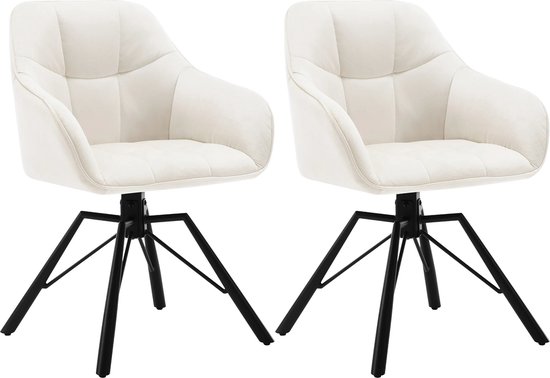KTN® - Lot de 2 Chaises de salle à manger - Assise pivotante à 360 degrés - Dossier - Accoudoir - Fauteuil - Chaises de salon - Sièges baquets - Velours - Tissu velours - Assise rembourrée - Pieds en métal - Crème