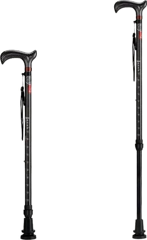 Twee zwarte carbon fiber wandelstokken, één langer dan de andere, beide met gebogen handvat.