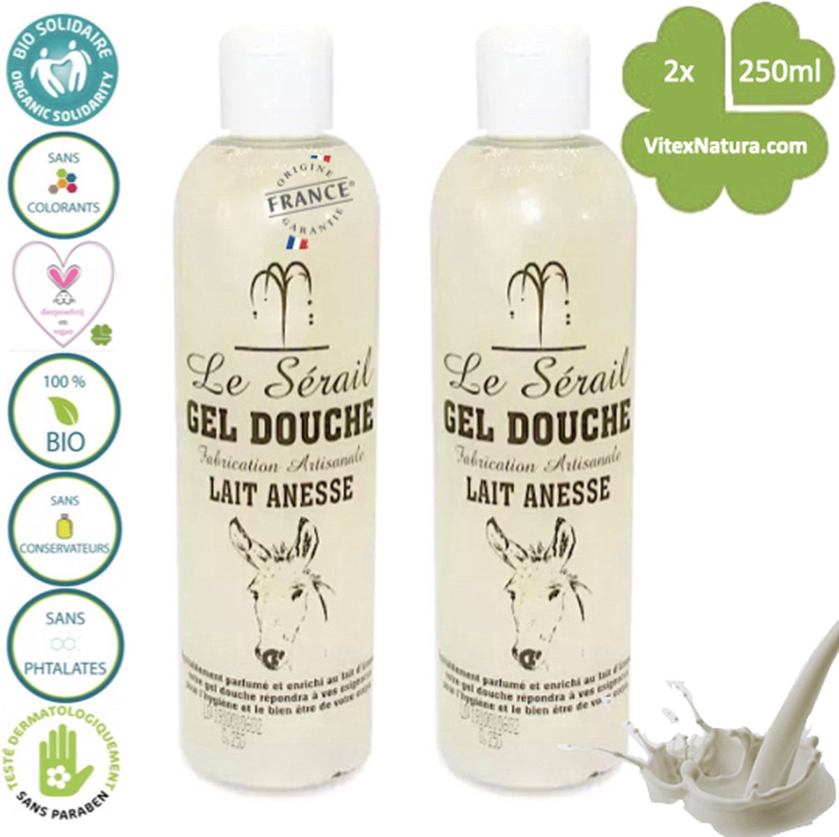 Goedkoopste Ezelinnenmelk douchegel 2x250ml | Ideaal voor de gevoelige en probleemhuid | Franse ambacht | plantaardig, hypo allergeen.