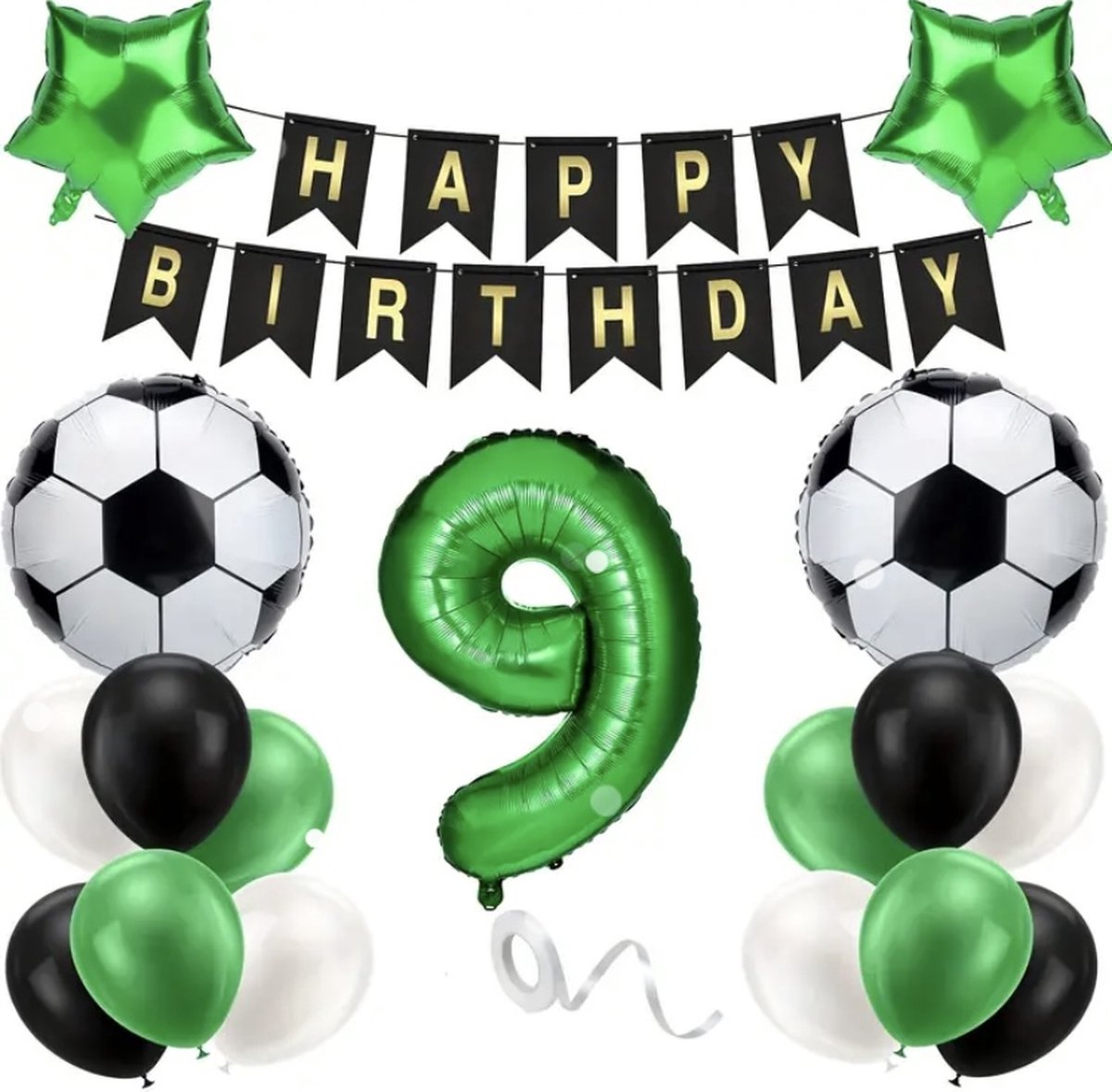 Voetbal Verjaardag Versiering - Leeftijd: 9 Jaar - Voetbal Ballonnen - Kinderverjaardag / Kinderfeestje - Groene Ballonnen - Feestversiering voetbal Thema - Voetbal Ballonnen - Soccer - Jongens / Meisjes Verjaardag Versiering - Negen Jaar