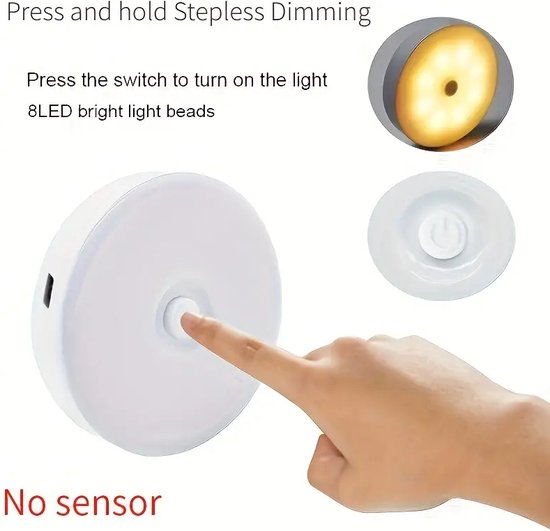 Witte, ronde, oplaadbare kastlamp met 8 LED's. Een vinger drukt op de aan/uit knop. Toont traploos dimmen en "no sensor".