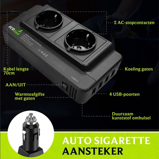 EcoLine 200W power inverter met twee AC-stopcontacten, vier USB-poorten, aan/uit-schakelaar en koelgaten.