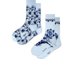 Kunst sokken - Delfts Blauw 2-pack - Sokken Dames 36 40 - Biologisch Katoenen Sokken - funny socks happy - Vrolijke Sokken - Grappige Sokken - Sokken Cadeau