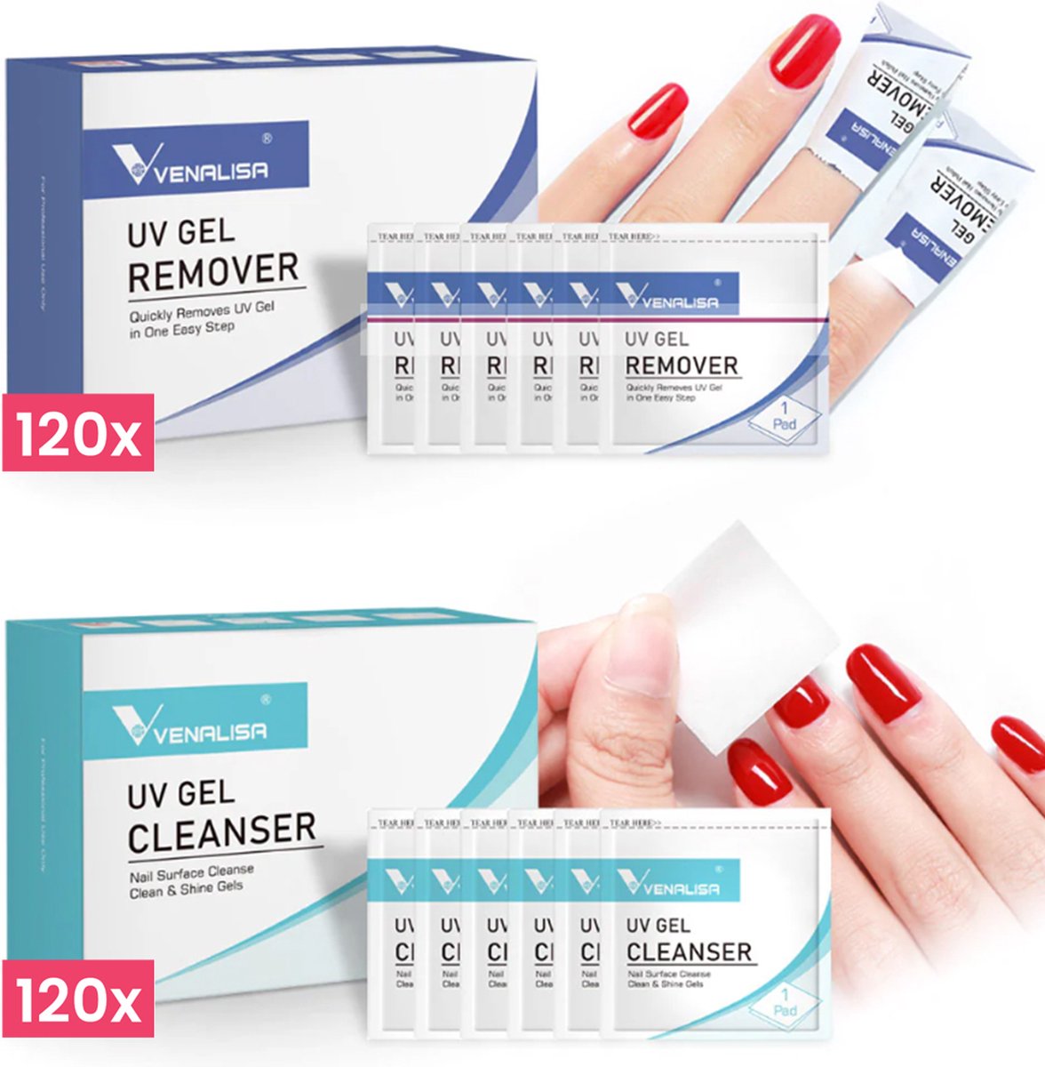 Goedkoopste Venalisa Gel Remover & Cleanser Doekjes | 2x 120 Stuks - Combi Pack | Gel Polish Remover & Cleanser Wipes | Nagellakverwijderaar | Makkelijk Gellak verwijderen