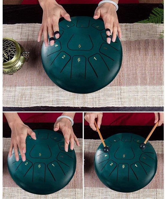 Tongue Drum - Groot - 30cm - 11 tonen - Klankschaal - Lotus Drum - Meditatie - Yoga - Handpan - 3.2 kg - Groen van Vigioo — afbeelding 5