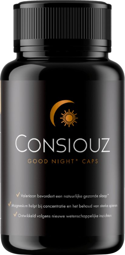 Foto: Consiouz goodnight caps natuurlijk slaapsupplement beter slapen en minder vermoeidheid met melatonine valeriaan magnesium bisglycinaat taurinaat